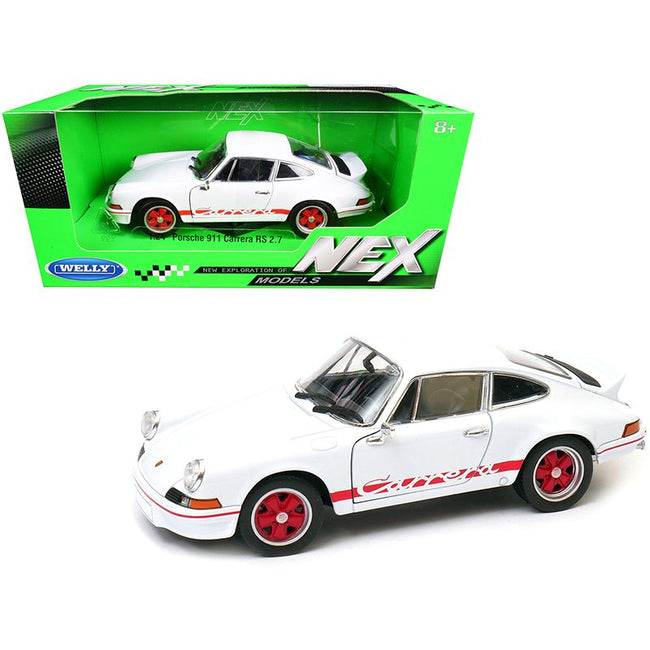 Porsche 911 Carrera RS 2.7 White with Red Stripes "NEX Models" 1/24 Diecast Model Car by Welly-Welly-ModelCars.com