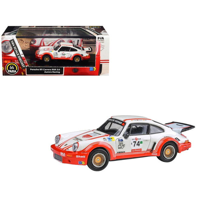Porsche 911 Carrera RSR 3.0 #74 "Aurora Racing" White with Red Stripes 1/64 Diecast Model Car by Paragon-Paragon-ModelCars.com