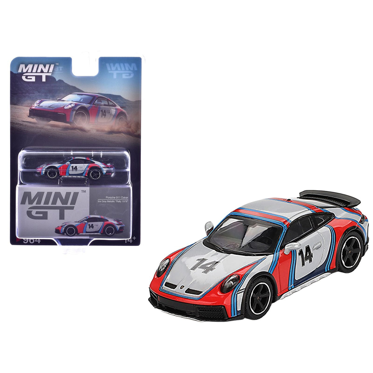 Porsche 911 Dakar #14 "Rally 1978" Ice Gray Metallic Limited Edition 1/64 Diecast Model Car by Mini GT-Mini GT-ModelCars.com