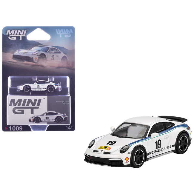 Porsche 911 Dakar #19 "Rally 1974" Tribute Livery White with Blue Stripes Limited Edition 1/64 Diecast Model Car by Mini GT-Mini GT-ModelCars.com