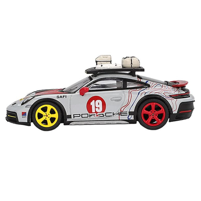 Porsche 911 Dakar #19 "Uncle Rally" Gray with Graphics and Roof Rack Limited Edition 1/64 Diecast Model Car by Mini GT-Mini GT-ModelCars.com