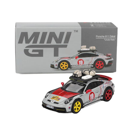Porsche 911 Dakar #19 "Uncle Rally" Gray with Graphics and Roof Rack Limited Edition 1/64 Diecast Model Car by Mini GT-Mini GT-ModelCars.com