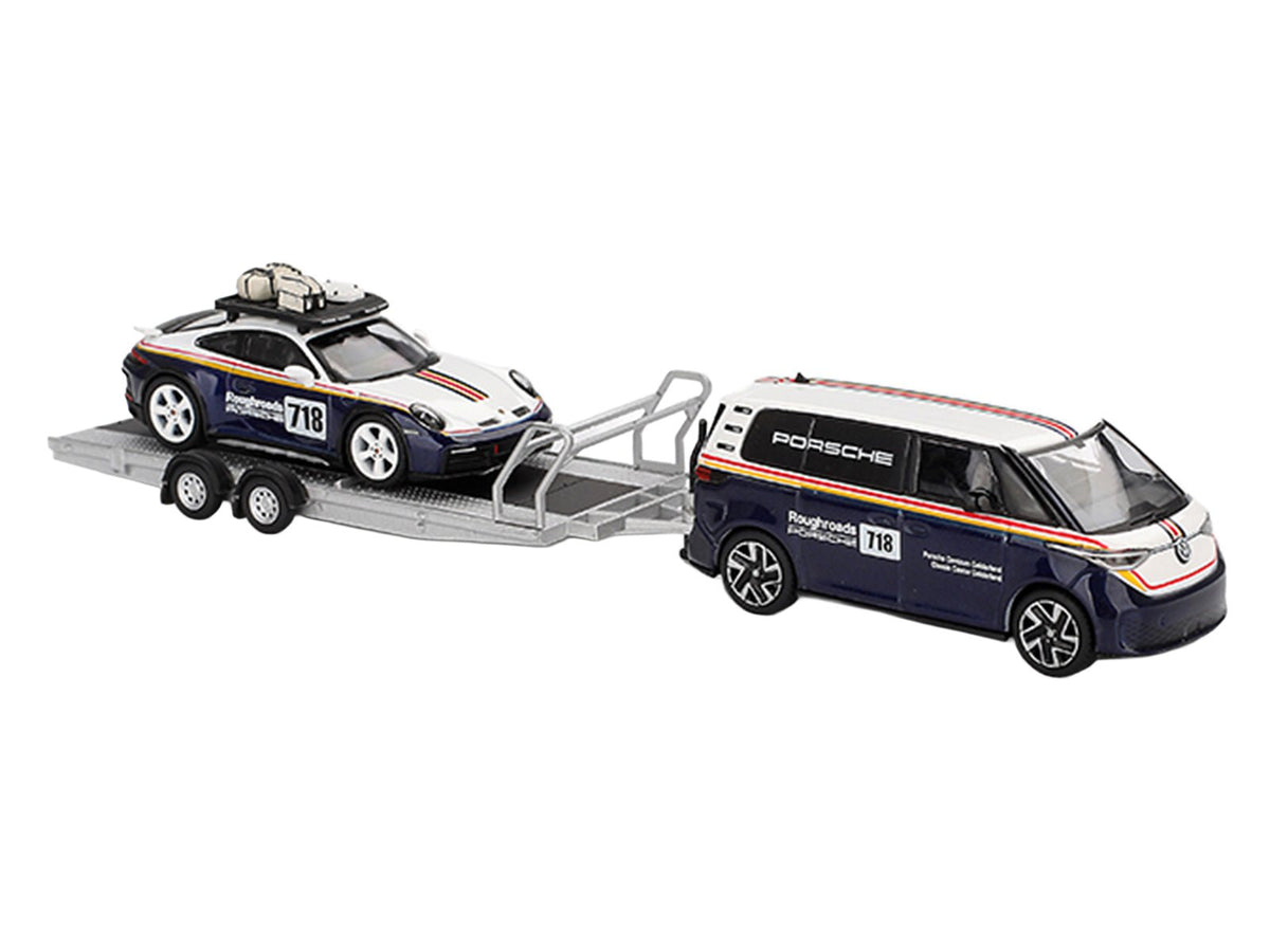 Porsche 911 Dakar 718 Blue and White with Roof Rack and Volkswagen ID. Buzz Blue and White with Flatbed Trailer "Porsche Centrum Gelderland Roughroads" Set of 3 pieces Limited Edition 1/64 Diecast Model Car by Mini GT-Mini GT-ModelCars.com