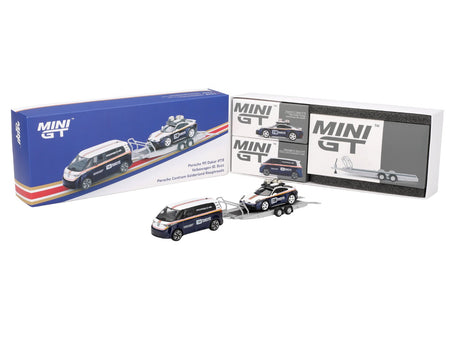 Porsche 911 Dakar 718 Blue and White with Roof Rack and Volkswagen ID. Buzz Blue and White with Flatbed Trailer "Porsche Centrum Gelderland Roughroads" Set of 3 pieces Limited Edition 1/64 Diecast Model Car by Mini GT-Mini GT-ModelCars.com