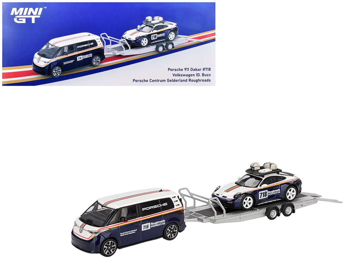 Porsche 911 Dakar 718 Blue and White with Roof Rack and Volkswagen ID. Buzz Blue and White with Flatbed Trailer "Porsche Centrum Gelderland Roughroads" Set of 3 pieces Limited Edition 1/64 Diecast Model Car by Mini GT-Mini GT-ModelCars.com