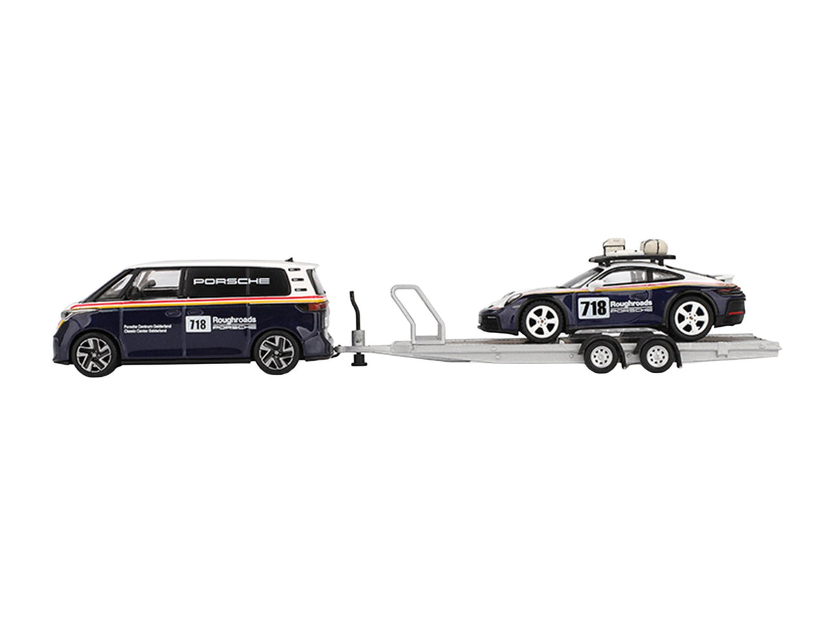 Porsche 911 Dakar 718 Blue and White with Roof Rack and Volkswagen ID. Buzz Blue and White with Flatbed Trailer "Porsche Centrum Gelderland Roughroads" Set of 3 pieces Limited Edition 1/64 Diecast Model Car by Mini GT-Mini GT-ModelCars.com