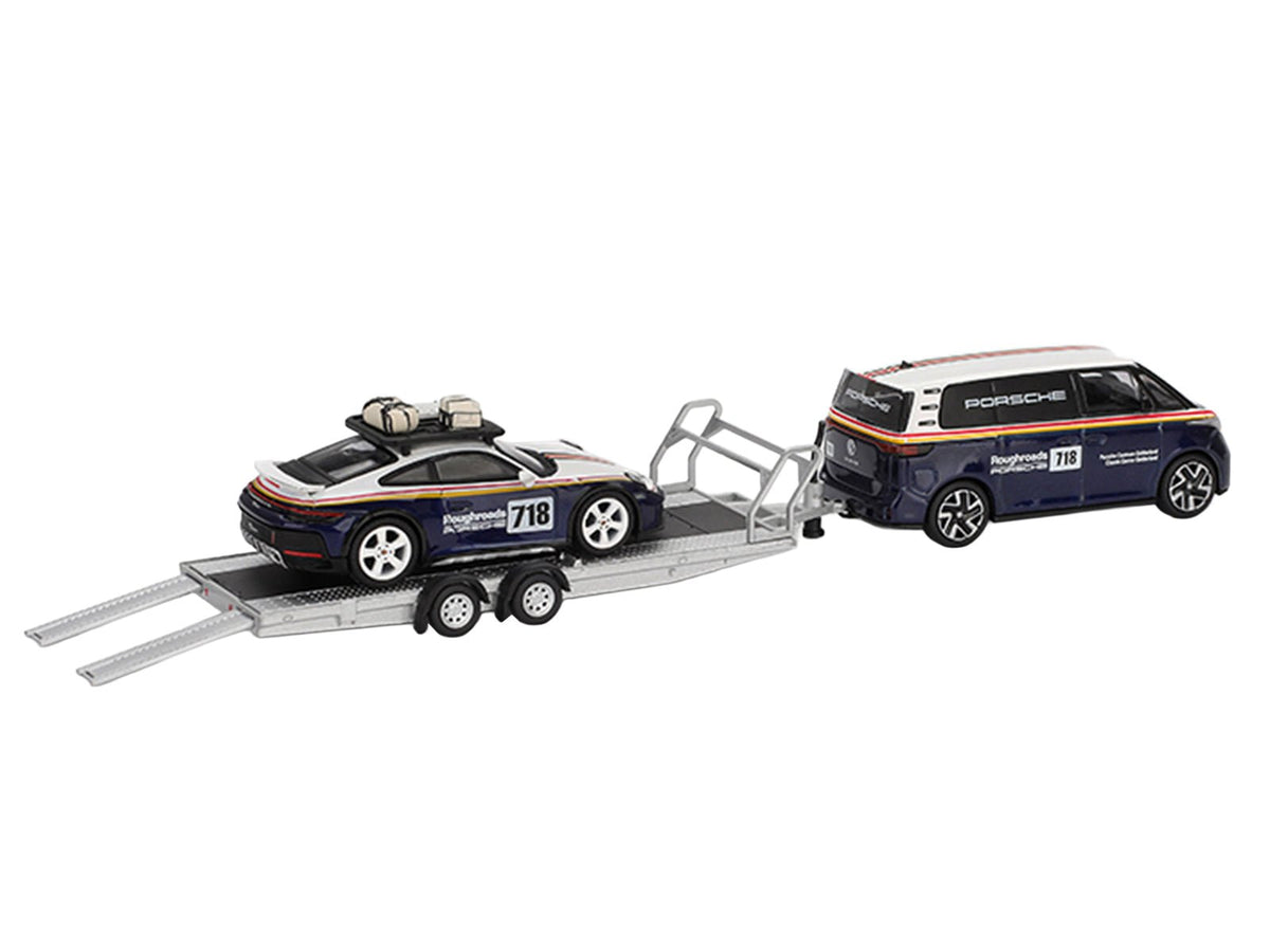 Porsche 911 Dakar 718 Blue and White with Roof Rack and Volkswagen ID. Buzz Blue and White with Flatbed Trailer "Porsche Centrum Gelderland Roughroads" Set of 3 pieces Limited Edition 1/64 Diecast Model Car by Mini GT-Mini GT-ModelCars.com