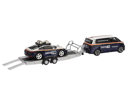 Porsche 911 Dakar 718 Blue and White with Roof Rack and Volkswagen ID. Buzz Blue and White with Flatbed Trailer "Porsche Centrum Gelderland Roughroads" Set of 3 pieces Limited Edition 1/64 Diecast Model Car by Mini GT-Mini GT-ModelCars.com