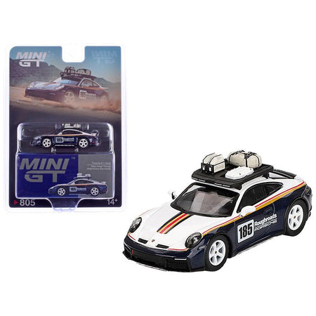 Porsche 911 Dakar Rallye Design Package #185 "Roughroads Porsche" White and Gentian Blue Metallic with Roofrack and Luggage Limited Edition 1/64 Diecast Model Car by Mini GT-Mini GT-ModelCars.com