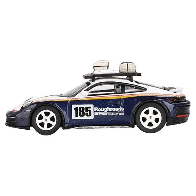 Porsche 911 Dakar Rallye Design Package #185 "Roughroads Porsche" White and Gentian Blue Metallic with Roofrack and Luggage Limited Edition 1/64 Diecast Model Car by Mini GT-Mini GT-ModelCars.com