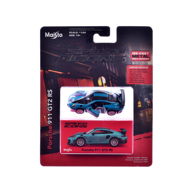 Porsche 911 GT2 RS Blue with Carbon Stripes "Speed Icons" Series 1/64 Diecast Model Car by Maisto-Maisto-ModelCars.com