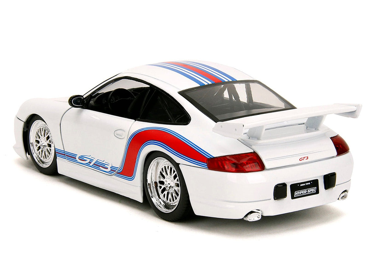 Porsche 911 GT3 (996) White with Red and Blue Stripes "Hyper-Spec" Series 1/24 Diecast Model Car by Jada-Jada-ModelCars.com