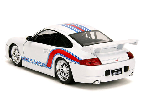 Porsche 911 GT3 (996) White with Red and Blue Stripes "Hyper-Spec" Series 1/24 Diecast Model Car by Jada-Jada-ModelCars.com