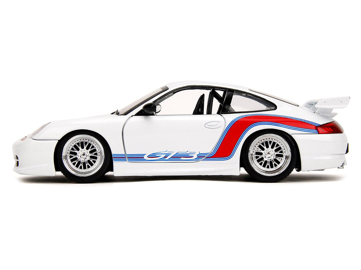Porsche 911 GT3 (996) White with Red and Blue Stripes "Hyper-Spec" Series 1/24 Diecast Model Car by Jada-Jada-ModelCars.com