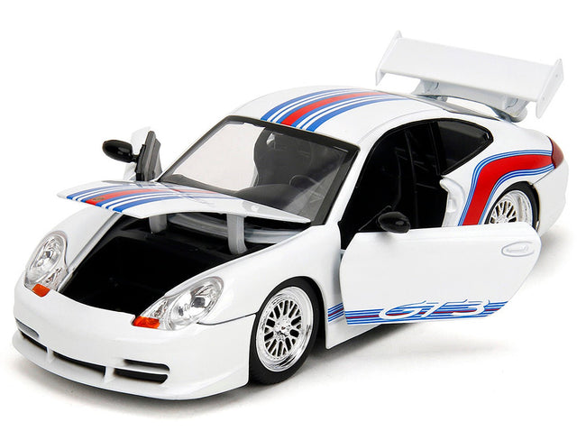 Porsche 911 GT3 (996) White with Red and Blue Stripes "Hyper-Spec" Series 1/24 Diecast Model Car by Jada-Jada-ModelCars.com