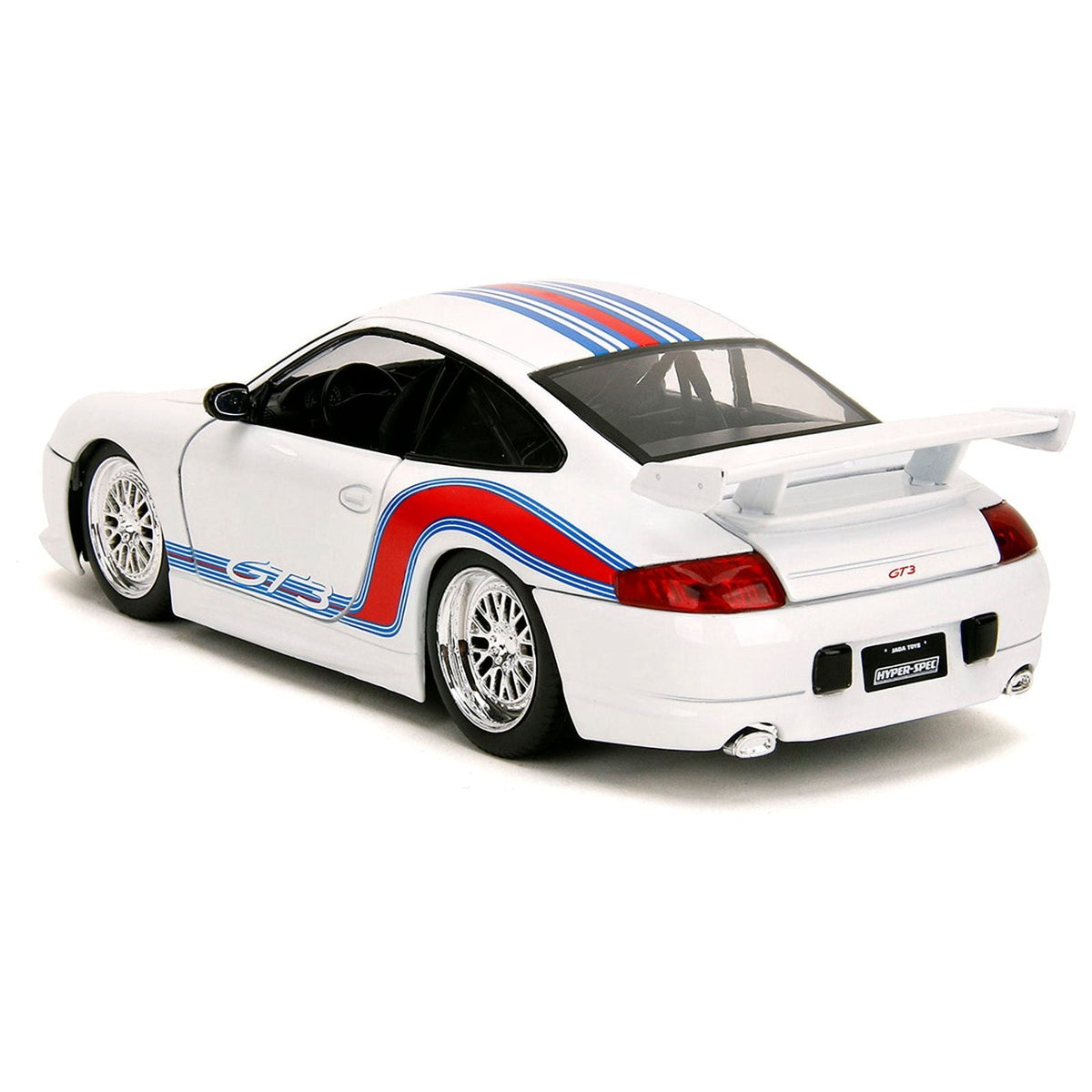 Porsche 911 GT3 (996) White with Red and Blue Stripes "Hyper-Spec" Series 1/24 Diecast Model Car by Jada-Jada-ModelCars.com