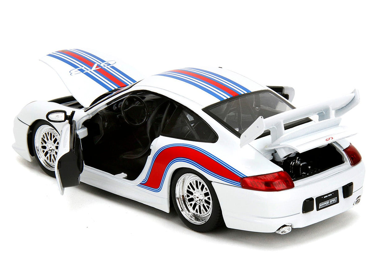 Porsche 911 GT3 (996) White with Red and Blue Stripes "Hyper-Spec" Series 1/24 Diecast Model Car by Jada-Jada-ModelCars.com