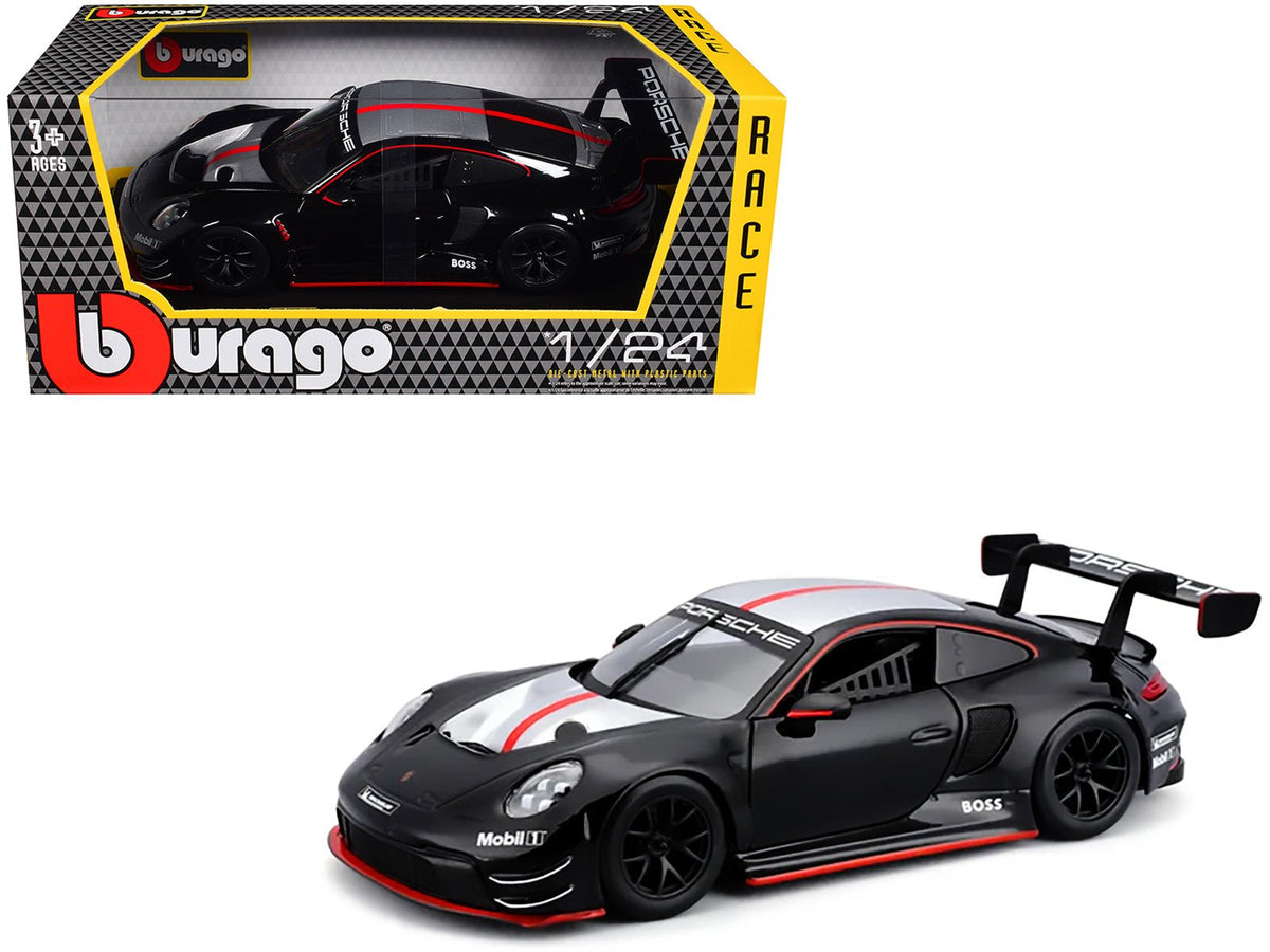 Porsche 911 GT3 R Black with Silver Hood and Top and Red Stripe "Race" Series 1/24 Diecast Model Car by Bburago-Bburago-ModelCars.com