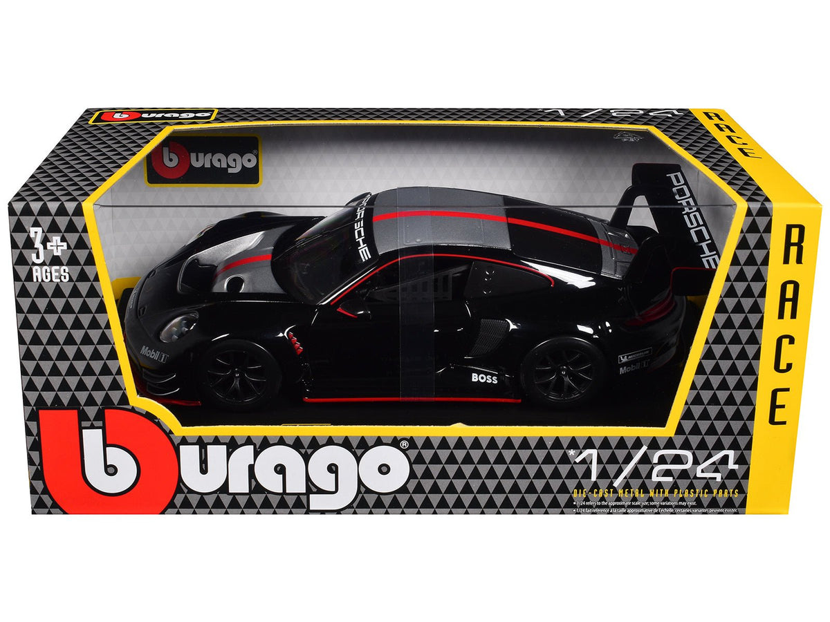 Porsche 911 GT3 R Black with Silver Hood and Top and Red Stripe "Race" Series 1/24 Diecast Model Car by Bburago-Bburago-ModelCars.com