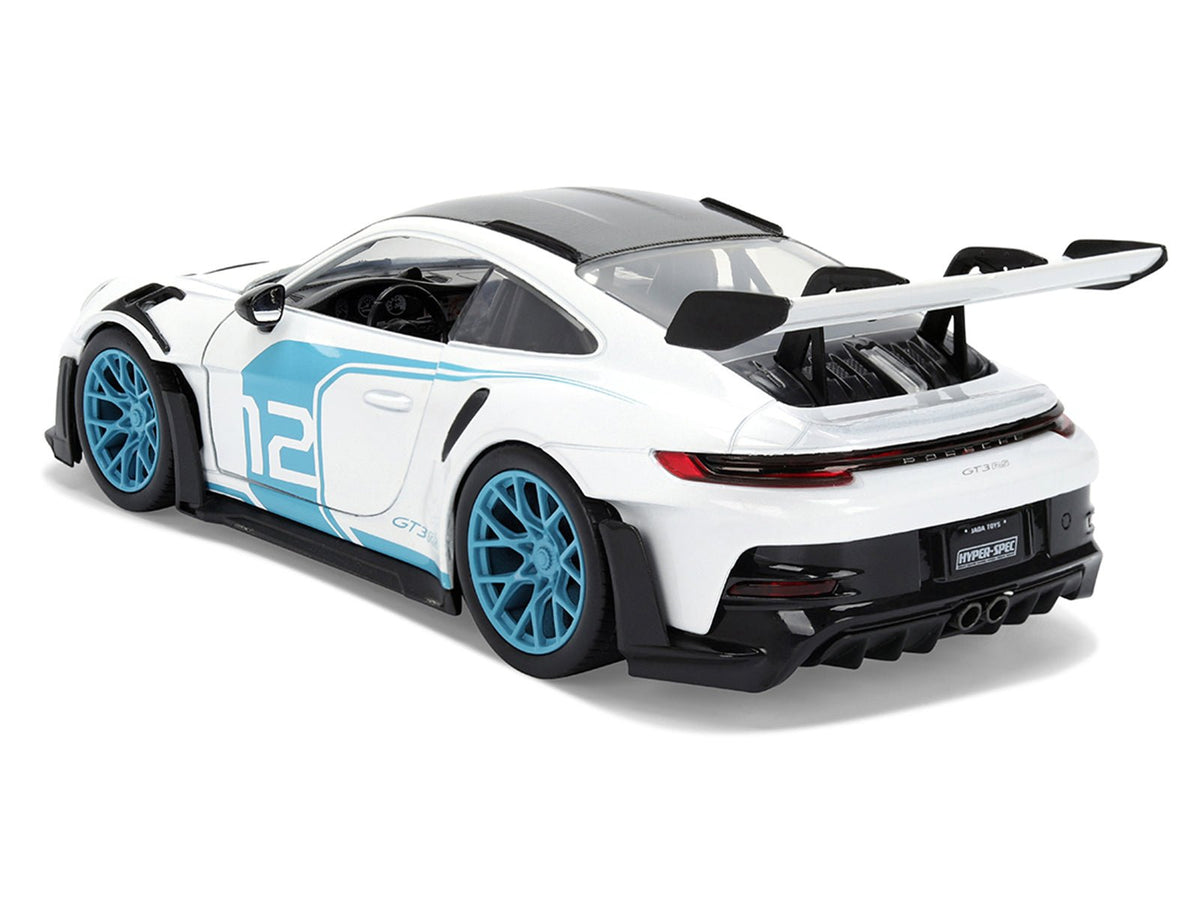 Porsche 911 GT3 RS (992) #12 White with Blue Stripes and Carbon Top "Hyper-Spec" Series 1/24 Diecast Model Car by Jada-Jada-ModelCars.com