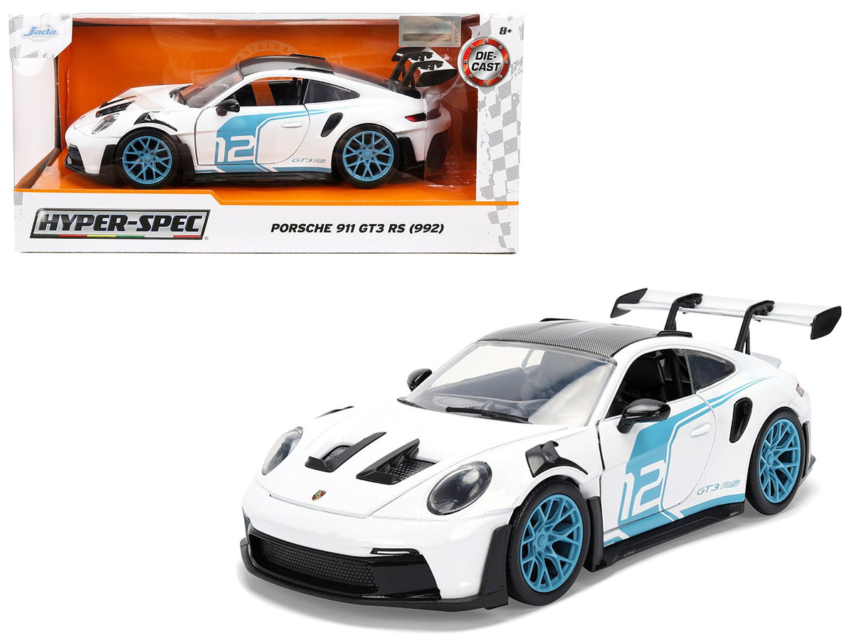 Porsche 911 GT3 RS (992) #12 White with Blue Stripes and Carbon Top "Hyper-Spec" Series 1/24 Diecast Model Car by Jada-Jada-ModelCars.com
