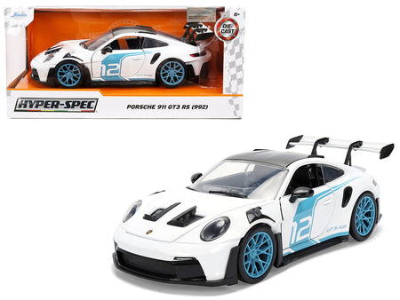 Porsche 911 GT3 RS (992) #12 White with Blue Stripes and Carbon Top "Hyper-Spec" Series 1/24 Diecast Model Car by Jada-Jada-ModelCars.com