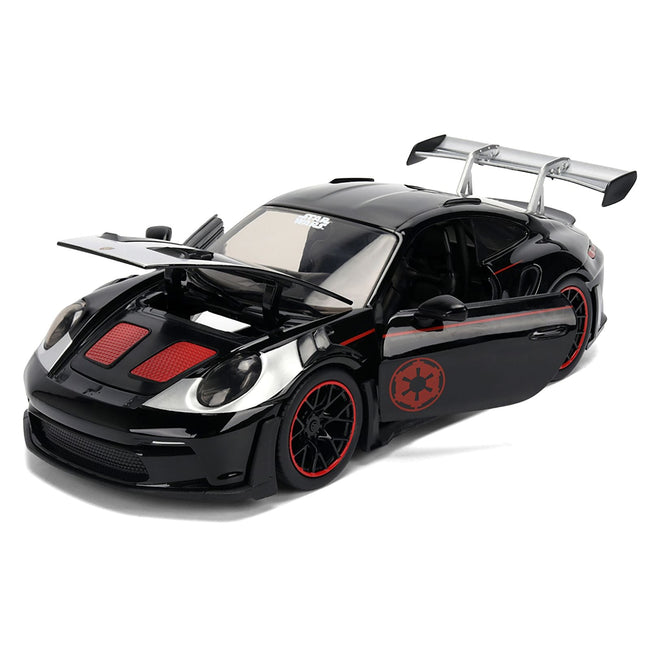 Porsche 911 GT3 RS (992) Black with Silver Hood and Graphics and Darth Vader Figure "Star Wars" Franchise "Hollywood Rides" Series 1/24 Diecast Model Car by Jada-Jada-ModelCars.com