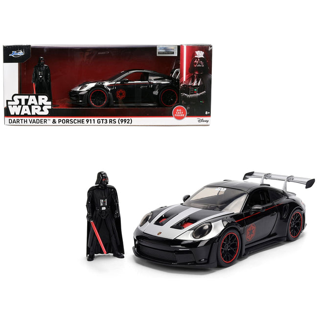 Porsche 911 GT3 RS (992) Black with Silver Hood and Graphics and Darth Vader Figure "Star Wars" Franchise "Hollywood Rides" Series 1/24 Diecast Model Car by Jada-Jada-ModelCars.com
