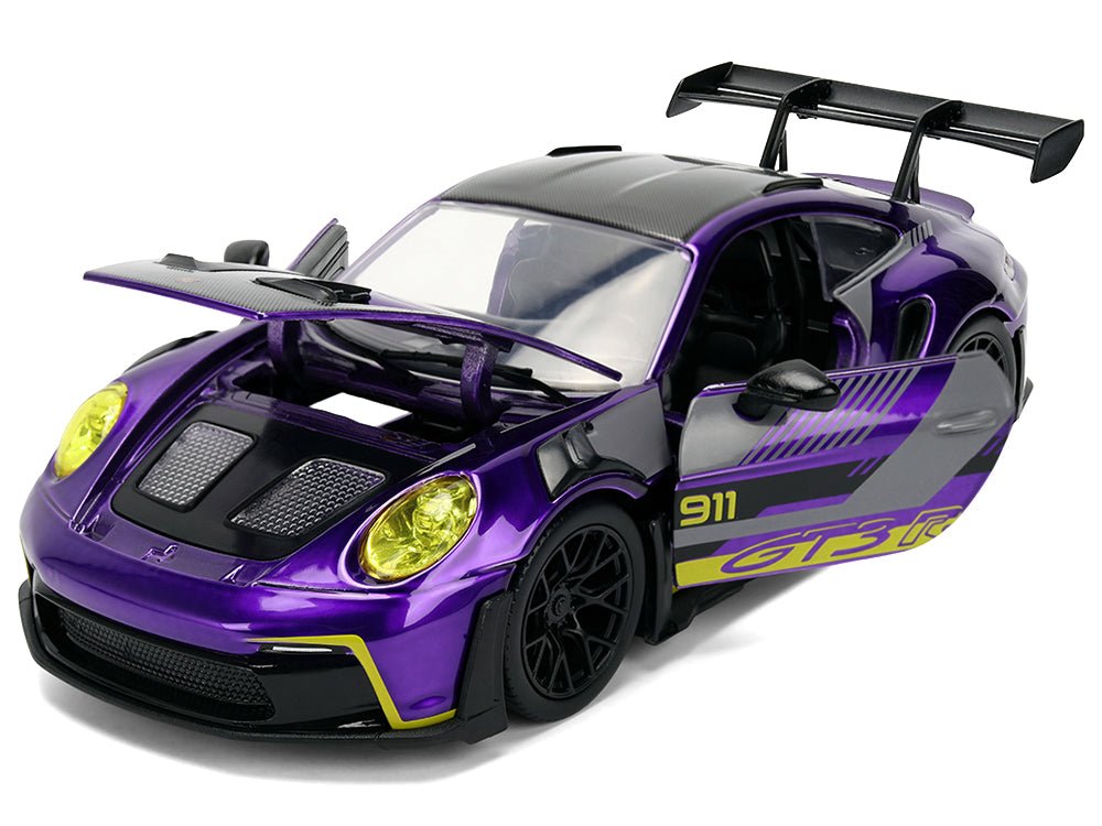 Porsche 911 GT3 RS (992) Candy Purple with Carbon Top and Hood Stripes and Graphics "AutoWorks" Series 1/24 Diecast Car Model by Jada-Jada-ModelCars.com