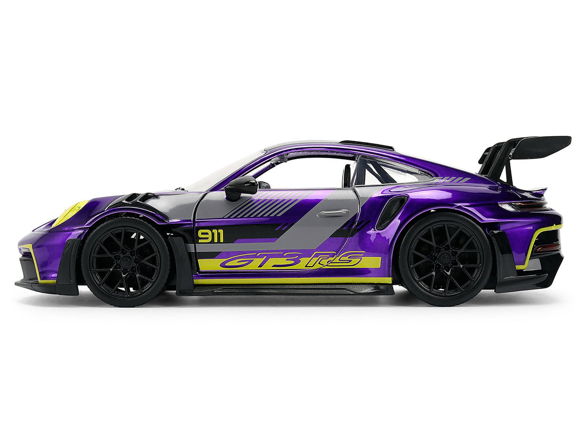 Porsche 911 GT3 RS (992) Candy Purple with Carbon Top and Hood Stripes and Graphics "AutoWorks" Series 1/24 Diecast Car Model by Jada-Jada-ModelCars.com