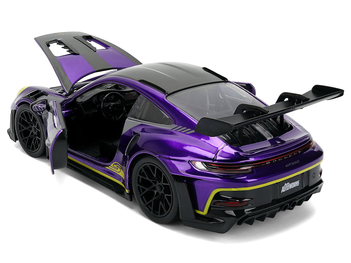Porsche 911 GT3 RS (992) Candy Purple with Carbon Top and Hood Stripes and Graphics "AutoWorks" Series 1/24 Diecast Car Model by Jada-Jada-ModelCars.com