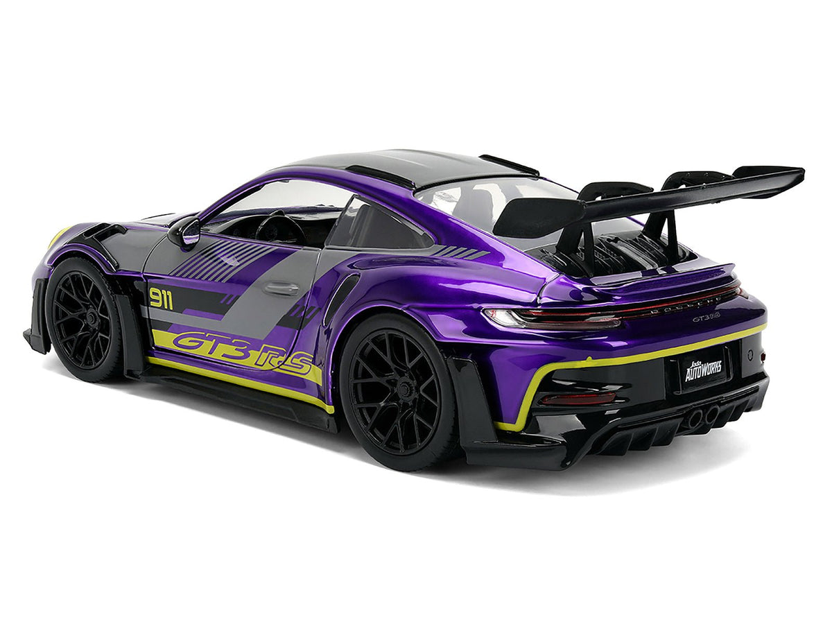 Porsche 911 GT3 RS (992) Candy Purple with Carbon Top and Hood Stripes and Graphics "AutoWorks" Series 1/24 Diecast Car Model by Jada-Jada-ModelCars.com