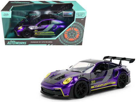 Porsche 911 GT3 RS (992) Candy Purple with Carbon Top and Hood Stripes and Graphics "AutoWorks" Series 1/24 Diecast Car Model by Jada-Jada-ModelCars.com