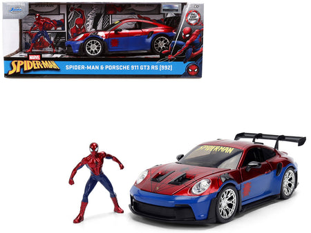 Porsche 911 GT3 RS (992) Red and Blue with Graphics and Spider-Man Diecast Figure "Marvel Spider-Man" "Hollywood Rides" Series 1/24 Diecast Model Car by Jada-Jada-ModelCars.com