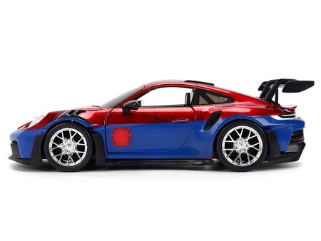 Porsche 911 GT3 RS (992) Red and Blue with Graphics and Spider-Man Diecast Figure "Marvel Spider-Man" "Hollywood Rides" Series 1/24 Diecast Model Car by Jada-Jada-ModelCars.com