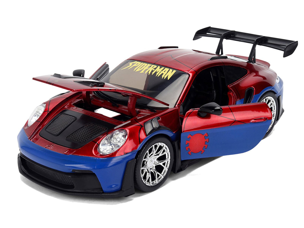 Porsche 911 GT3 RS (992) Red and Blue with Graphics and Spider-Man Diecast Figure "Marvel Spider-Man" "Hollywood Rides" Series 1/24 Diecast Model Car by Jada-Jada-ModelCars.com