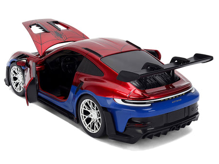 Porsche 911 GT3 RS (992) Red and Blue with Graphics and Spider-Man Diecast Figure "Marvel Spider-Man" "Hollywood Rides" Series 1/24 Diecast Model Car by Jada-Jada-ModelCars.com