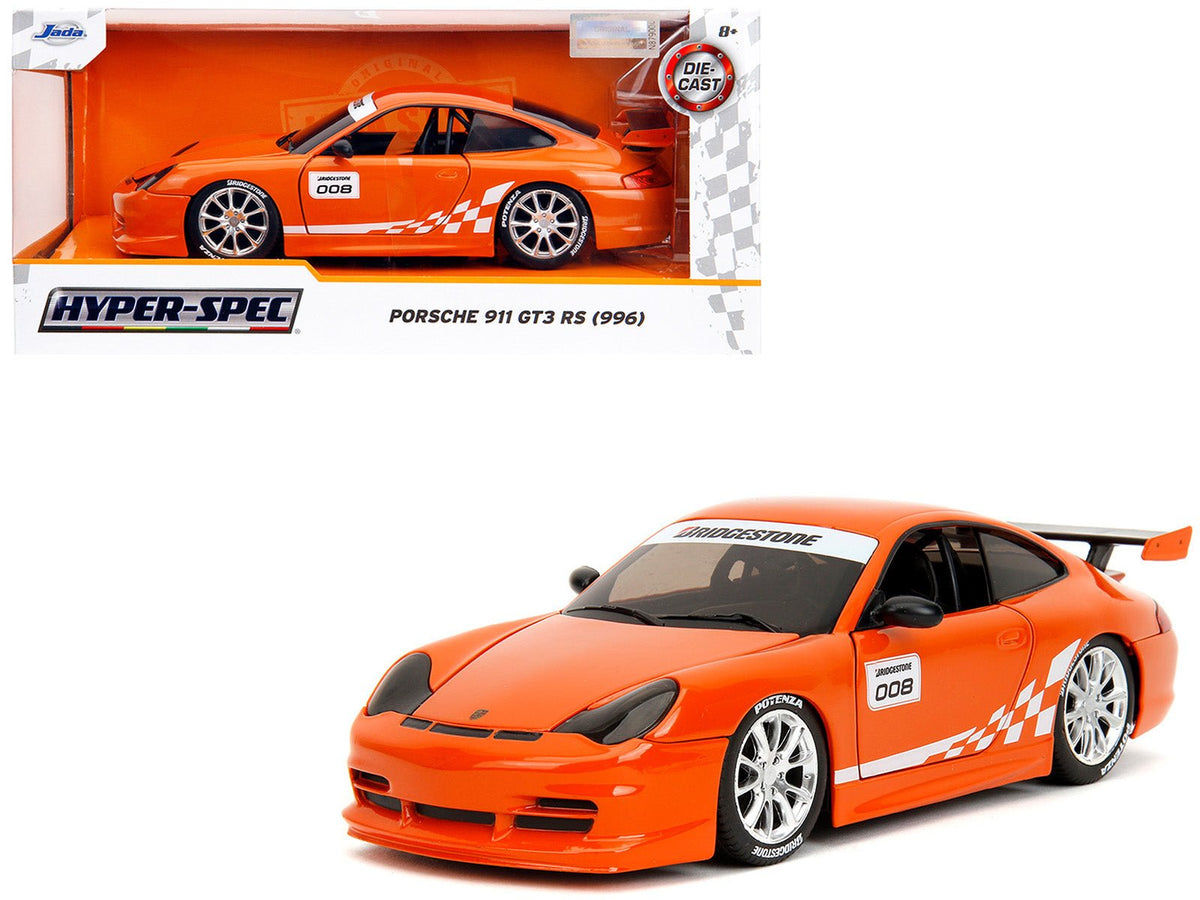 Porsche 911 GT3 RS (996) 008 "Bridgestone" Orange Metallic with White Graphics "Hyper-Spec" Series 1/24 Diecast Model Car by Jada-Jada-ModelCars.com