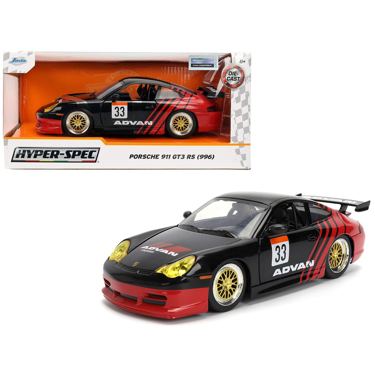 Porsche 911 GT3 RS (996) #33 "ADVAN" Black and Red "Hyper-Spec" Series 1/24 Diecast Model Car by Jada-Jada-ModelCars.com
