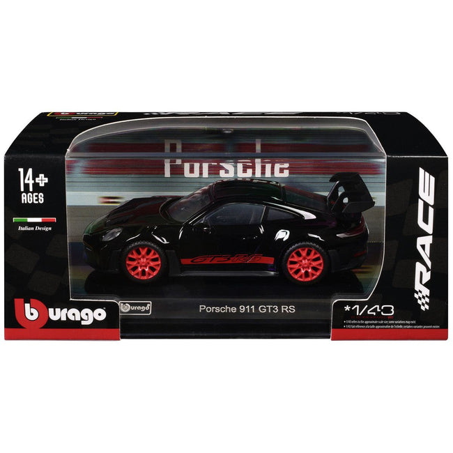 Porsche 911 GT3 RS Black with Red Stripes and Wheels "Race" Series 1/43 Diecast Model Car by Bburago-Bburago-ModelCars.com