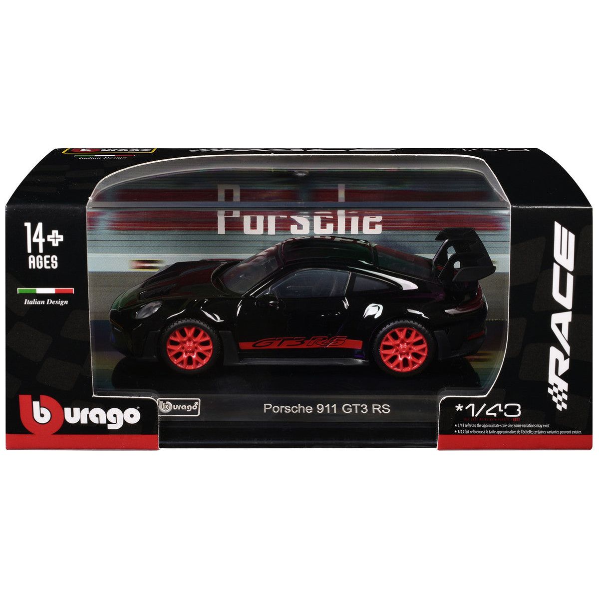 Porsche 911 GT3 RS Black with Red Stripes and Wheels "Race" Series 1/43 Diecast Model Car by Bburago - Bburago - ModelCars.com