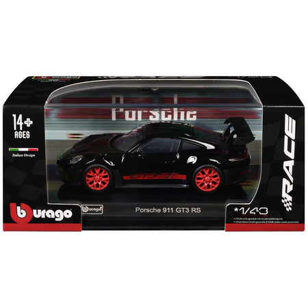 Porsche 911 GT3 RS Black with Red Stripes and Wheels "Race" Series 1/43 Diecast Model Car by Bburago - Bburago - ModelCars.com