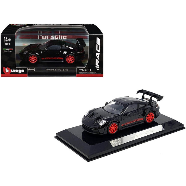 Porsche 911 GT3 RS Black with Red Stripes and Wheels "Race" Series 1/43 Diecast Model Car by Bburago - Bburago - ModelCars.com