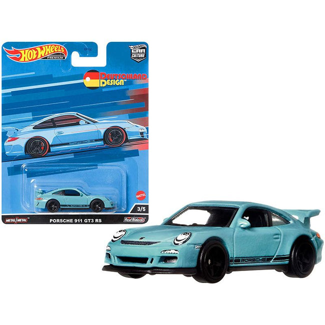 Porsche 911 GT3 RS Light Blue with Black Stripes "Deutschland Design" Series Diecast Model Car by Hot Wheels-Hotwheels-ModelCars.com
