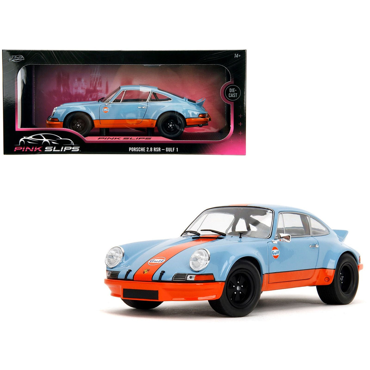 Porsche 911 RSR "Gulf Oil" Light Blue with Orange Stripes "Pink Slips" Series 1/18 Diecast Model Car by Jada-Jada-ModelCars.com