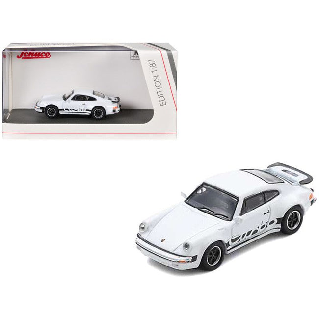 Porsche 911 Turbo (930) White with Black Stripes 1/87 (HO) Diecast Model Car by Schuco-Schuco-ModelCars.com
