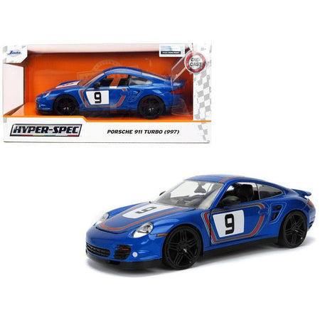 Porsche 911 Turbo (997) #9 Blue Metallic with Stripes "Hyper-Spec" Series 1/24 Diecast Model Car by Jada-Jada-ModelCars.com