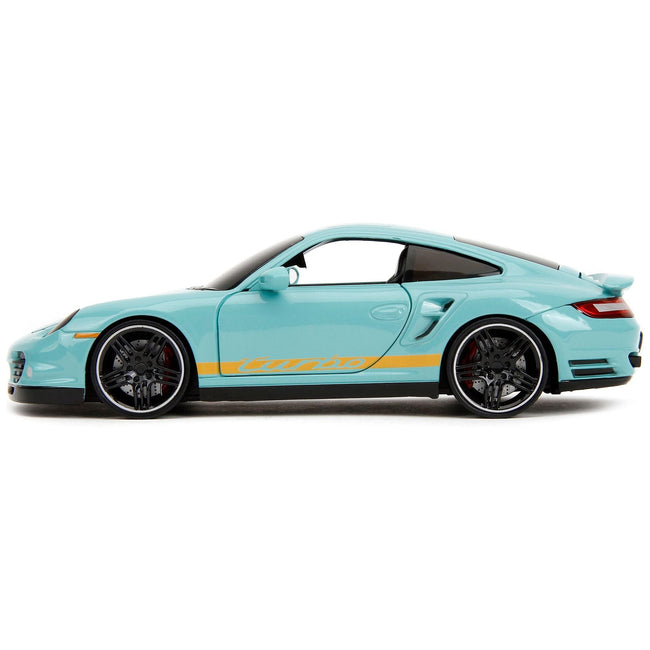 Porsche 911 Turbo (997) Light Blue with Yellow Stripes "Pink Slips" Series 1/24 Diecast Model Car by Jada-Jada-ModelCars.com
