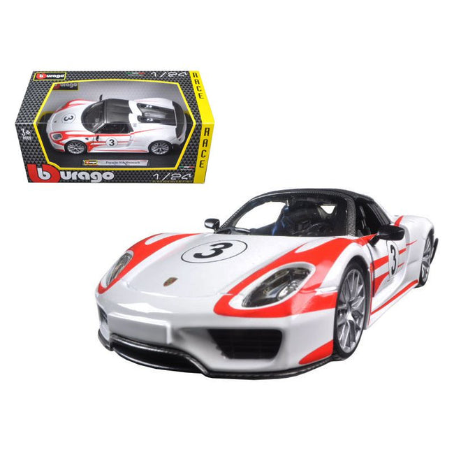 Porsche 918 Spyder Weissach #3 White 1/24 Diecast Model Car by Bburago-Bburago-ModelCars.com