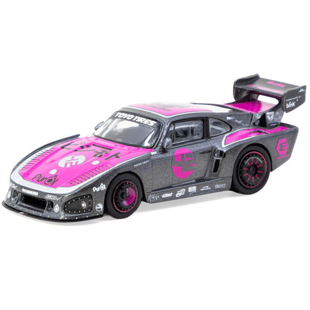 Porsche 935 K3V Bisimoto Gray Metallic with Pink Hood and Top with Tarmac Cards "Hobby64" Series 1/64 Diecast Model by Tarmac Works-Tarmac Works-ModelCars.com